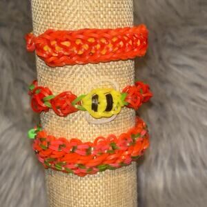 Set Of 3 Rainbow Loom Rubber Band Bracelets Handmade Red Yellow Jewelry Fun